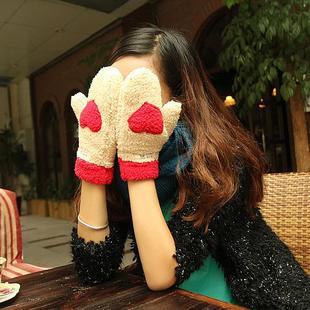 韓国風 冬 可愛い 暖かい 厚手 起毛 ハート柄 手袋 レディス フルフィンガーグローブ